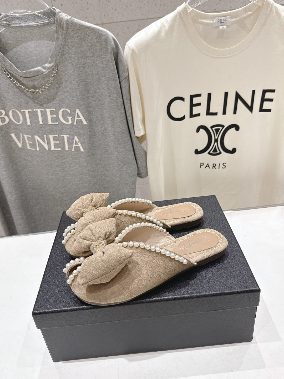 26SS NEU Perlen Schleife flache Slipper