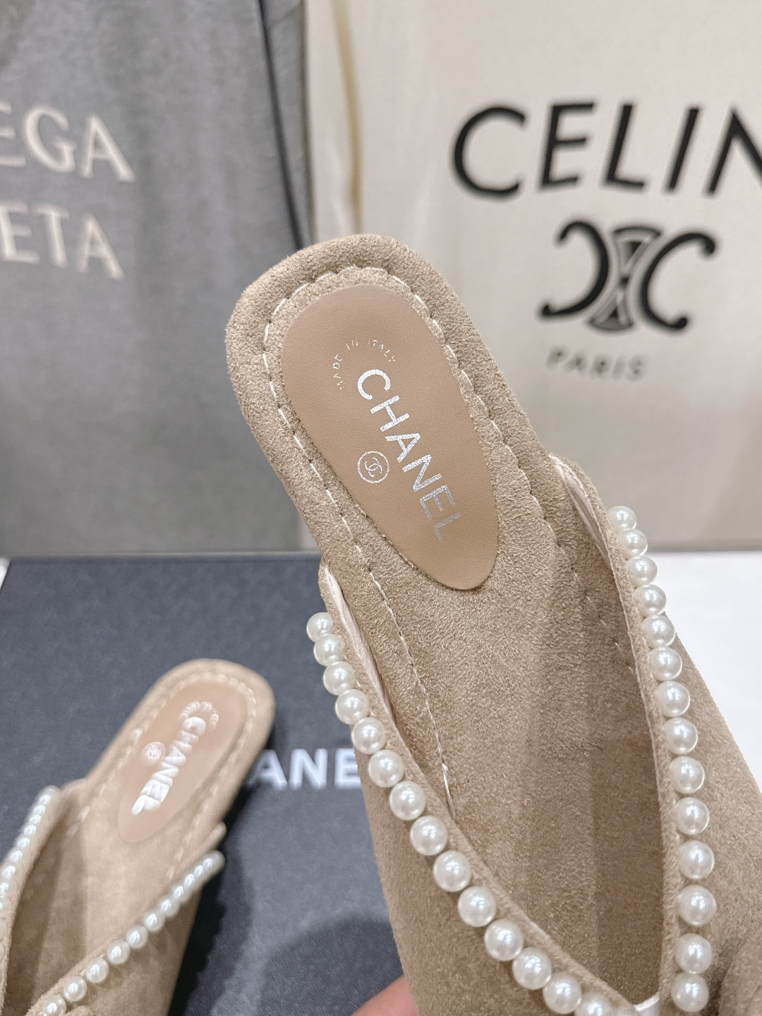 26SS NEU Perlen Schleife flache Slipper