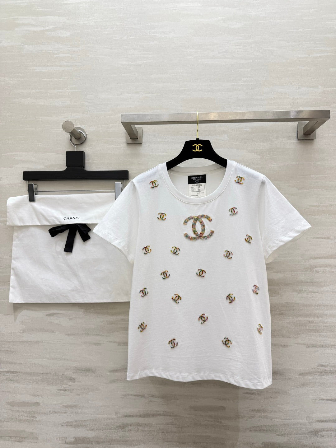 🔥Highest Quality🔥26SS NEW Colorful Double C bead embroidery white T-shirt
