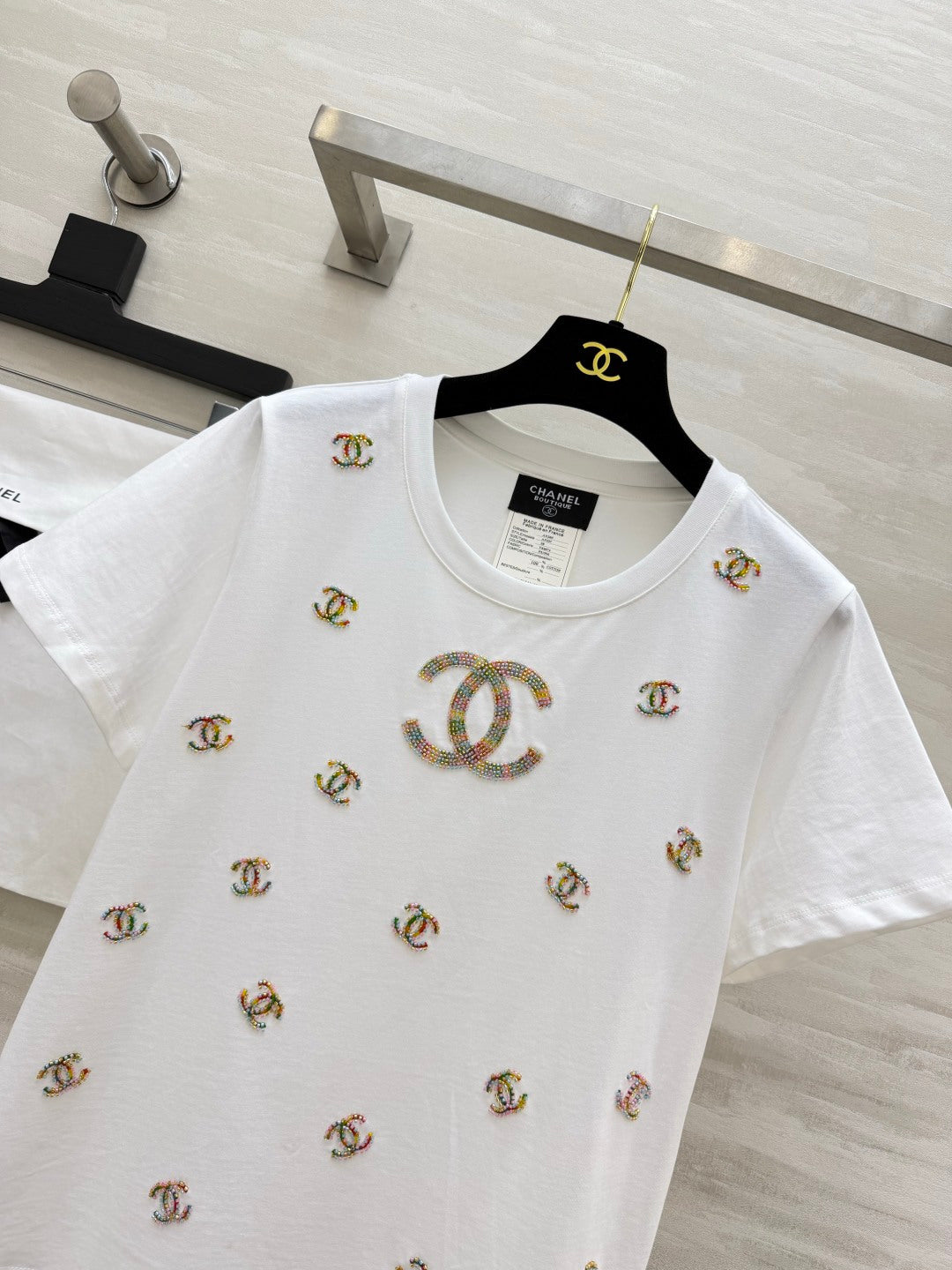 🔥Highest Quality🔥26SS NEW Colorful Double C bead embroidery white T-shirt