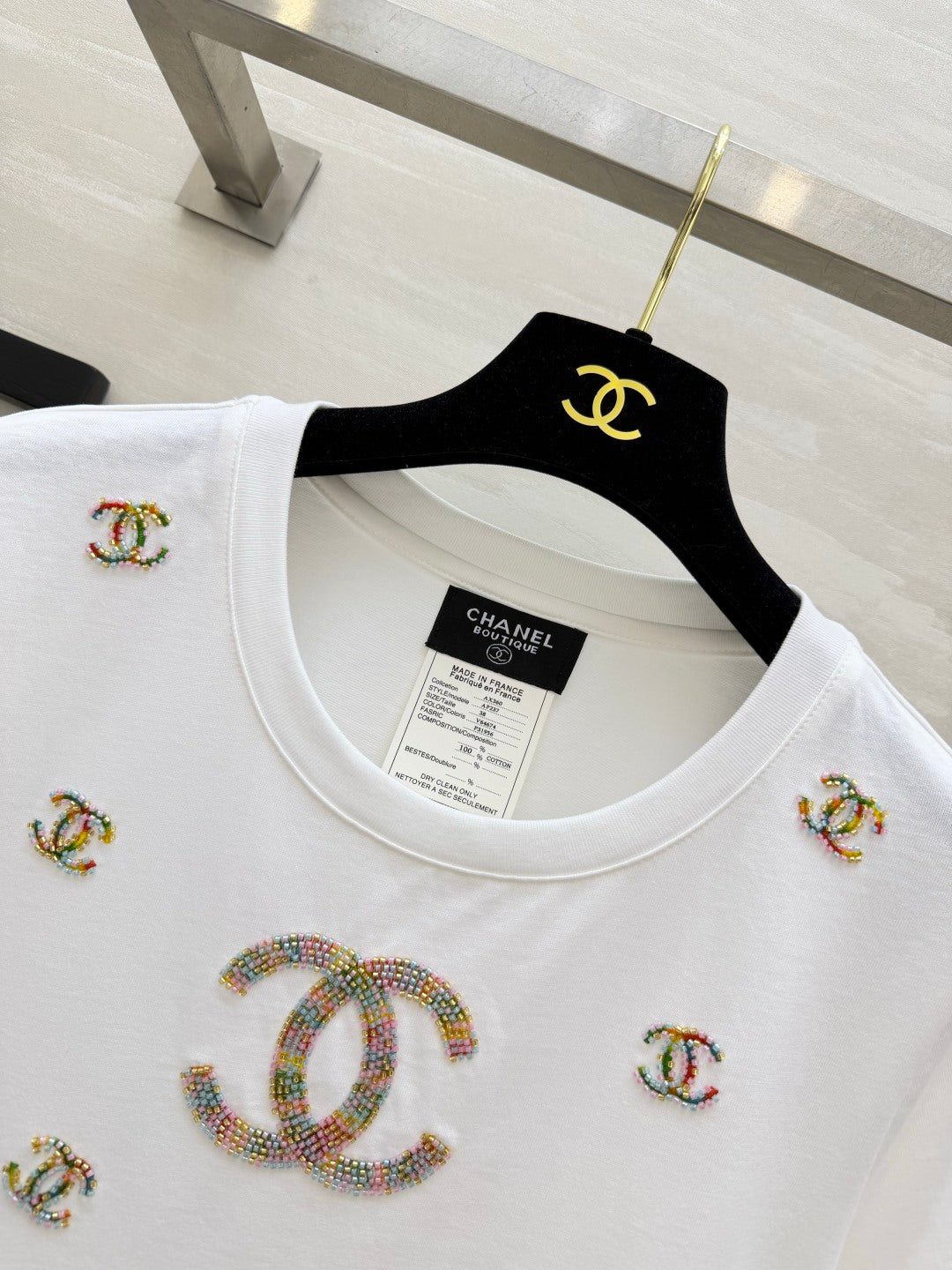 🔥Highest Quality🔥26SS NEW Colorful Double C bead embroidery white T-shirt
