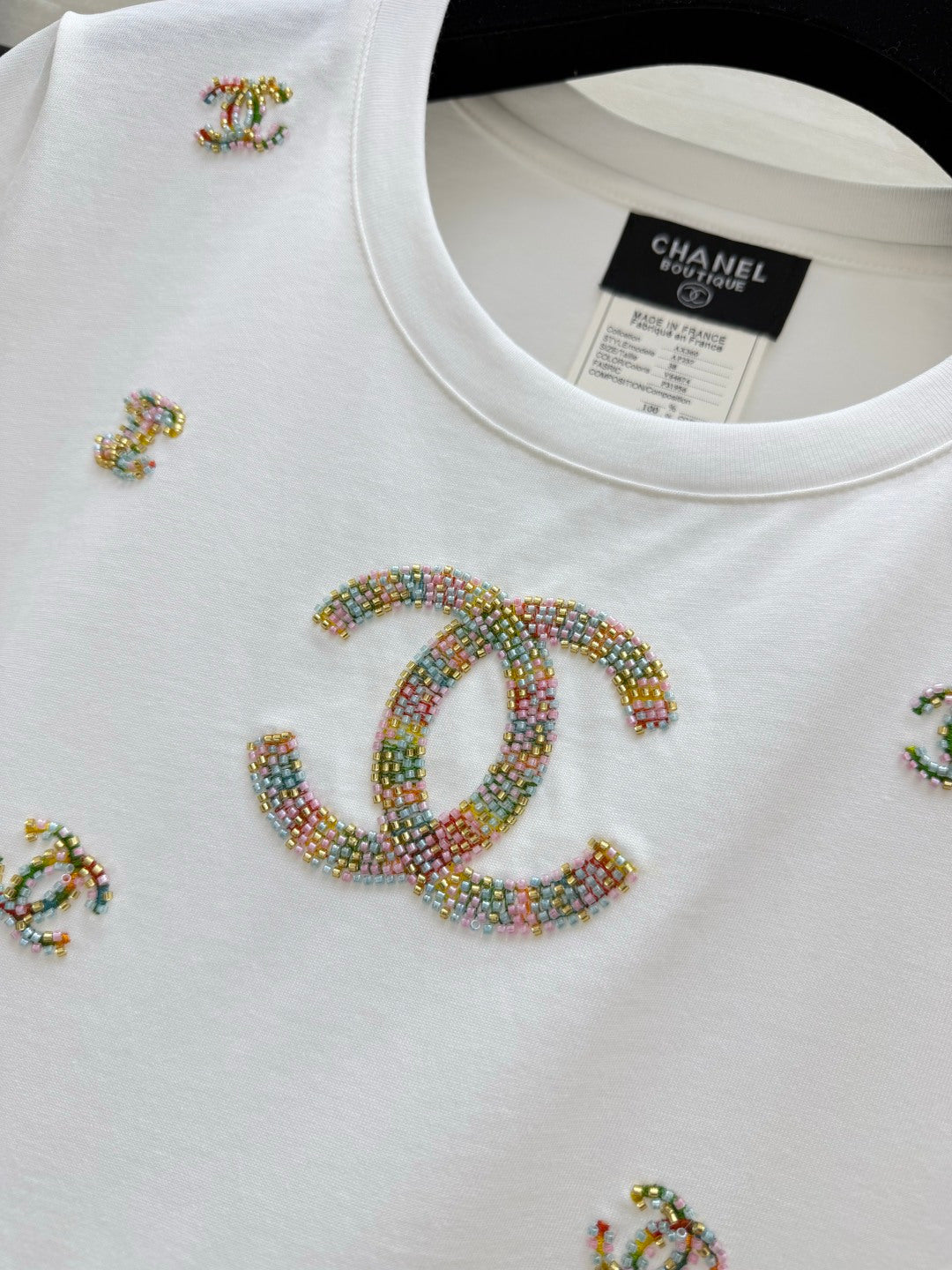 🔥Highest Quality🔥26SS NEW Colorful Double C bead embroidery white T-shirt