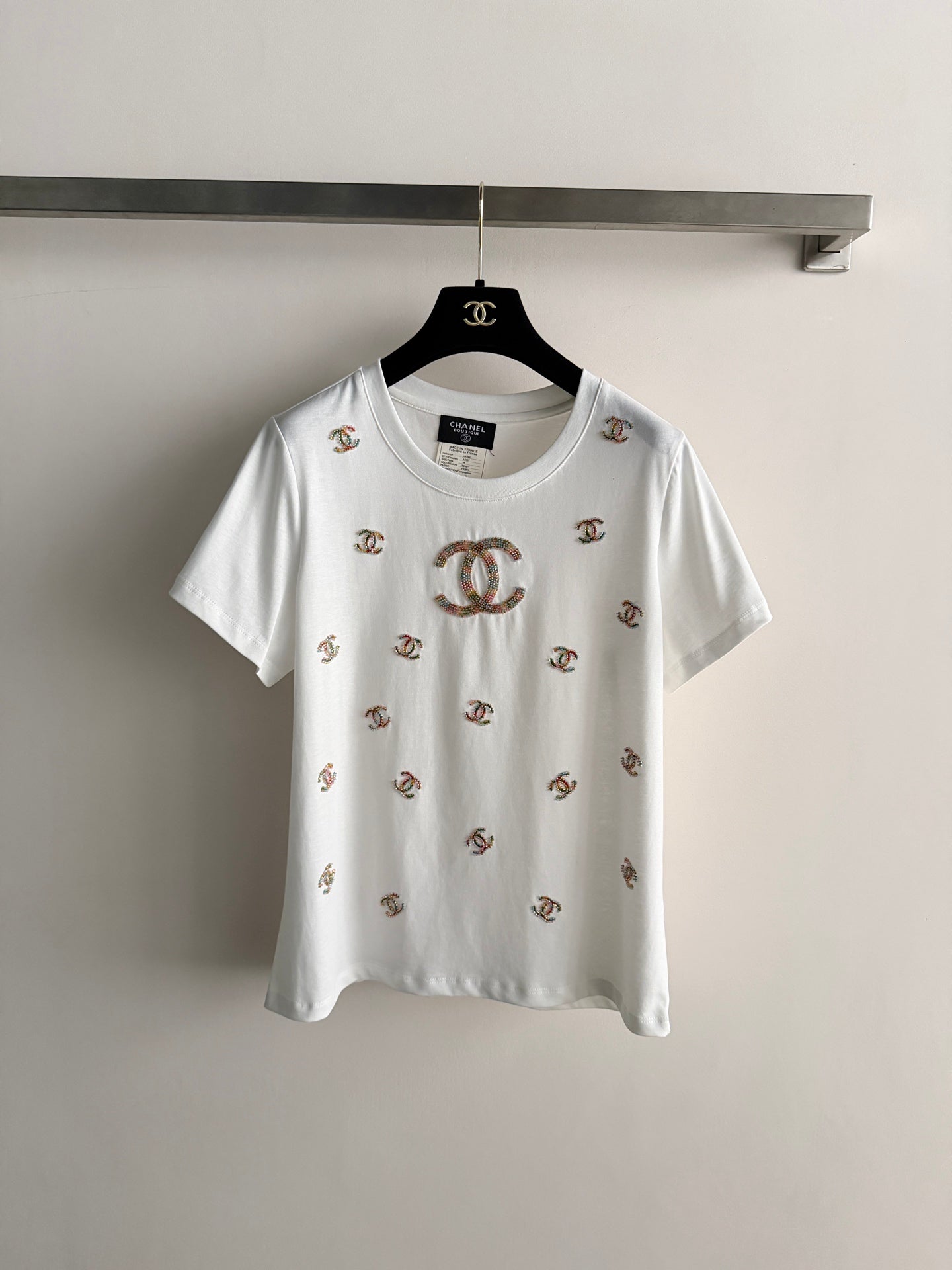 🔥Highest Quality🔥26SS NEW Colorful Double C bead embroidery white T-shirt