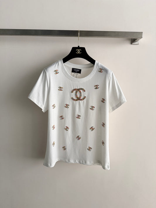 🔥Highest Quality🔥26SS NEW Colorful Double C bead embroidery white T-shirt