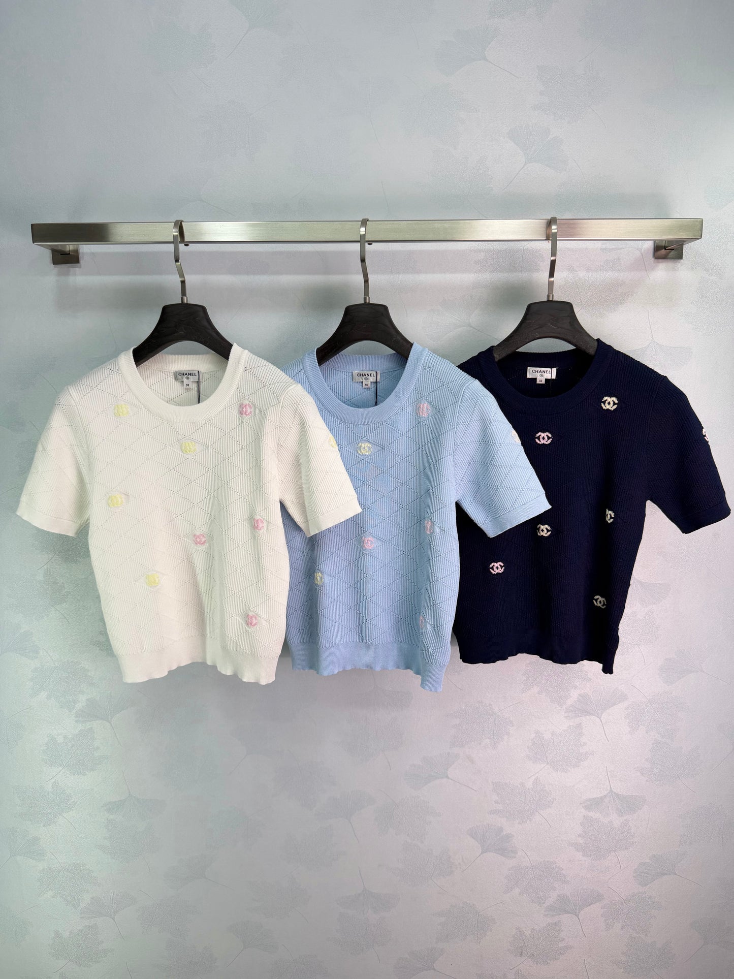26SS NEW Diamond texture + colorful double C embellished knitted short sleeves