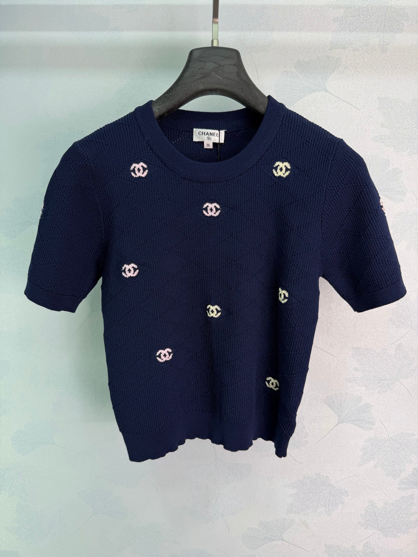 26SS NEW Diamond texture + colorful double C embellished knitted short sleeves