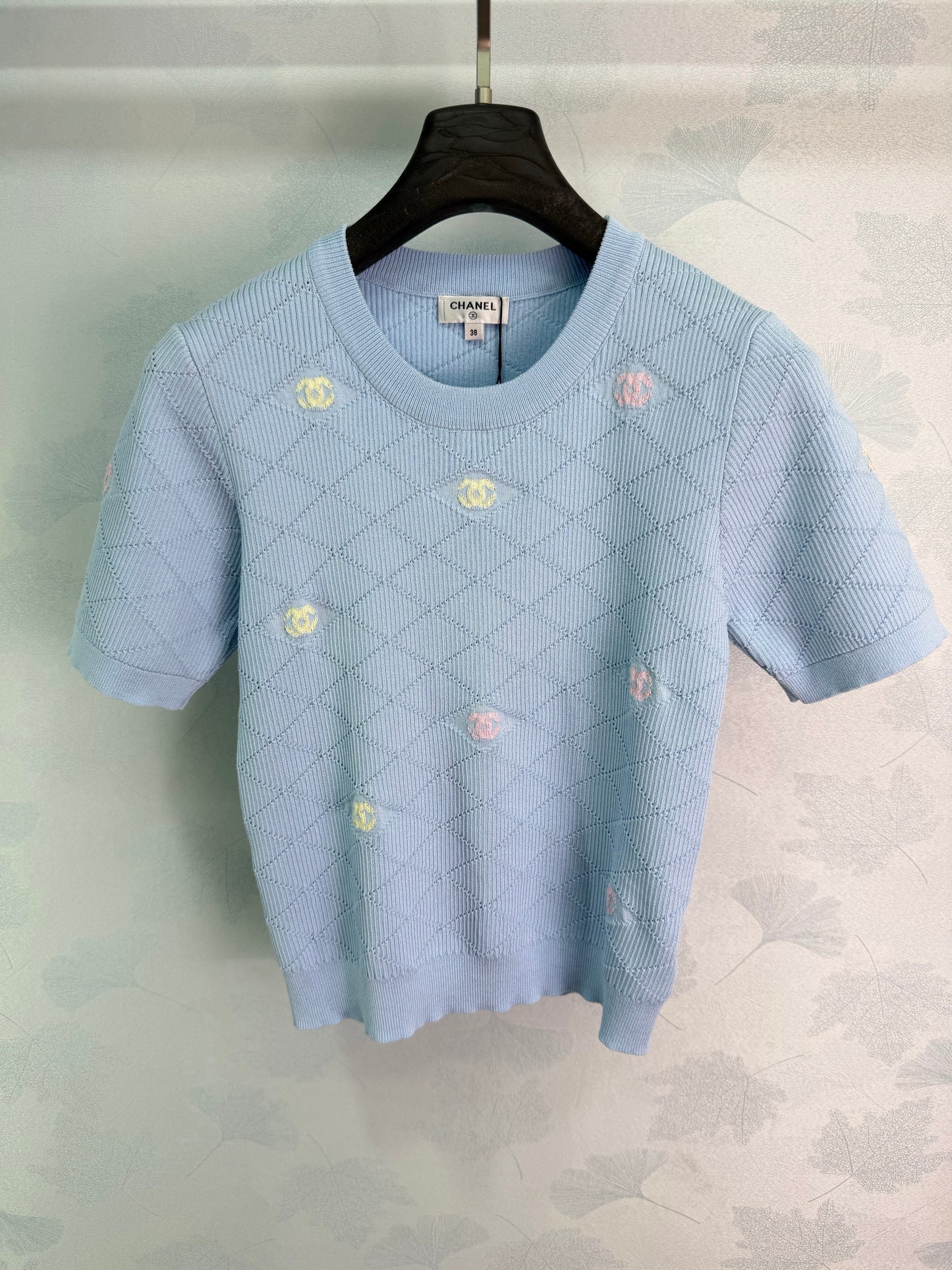 26SS NEW Diamond texture + colorful double C embellished knitted short sleeves