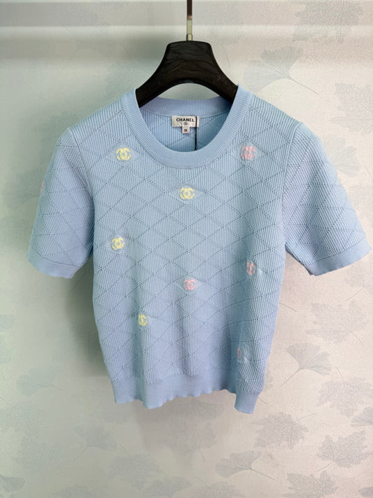 26SS NEW Diamond texture + colorful double C embellished knitted short sleeves