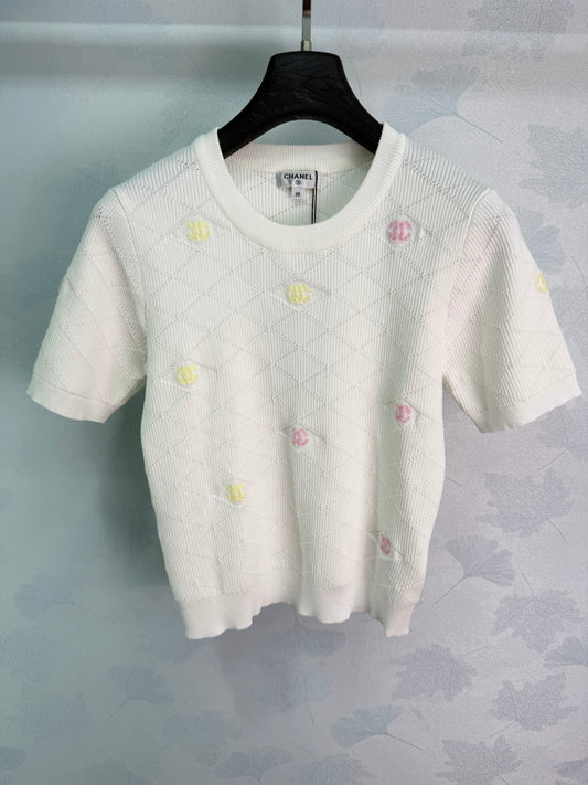 26SS NEW Diamond texture + colorful double C embellished knitted short sleeves
