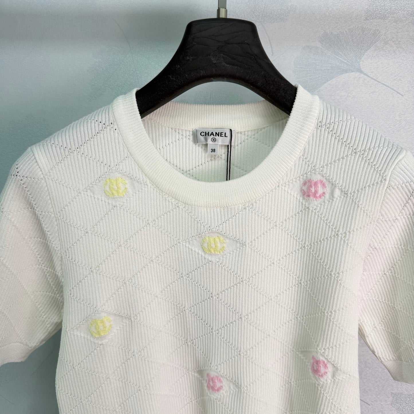 26SS NEW Diamond texture + colorful double C embellished knitted short sleeves