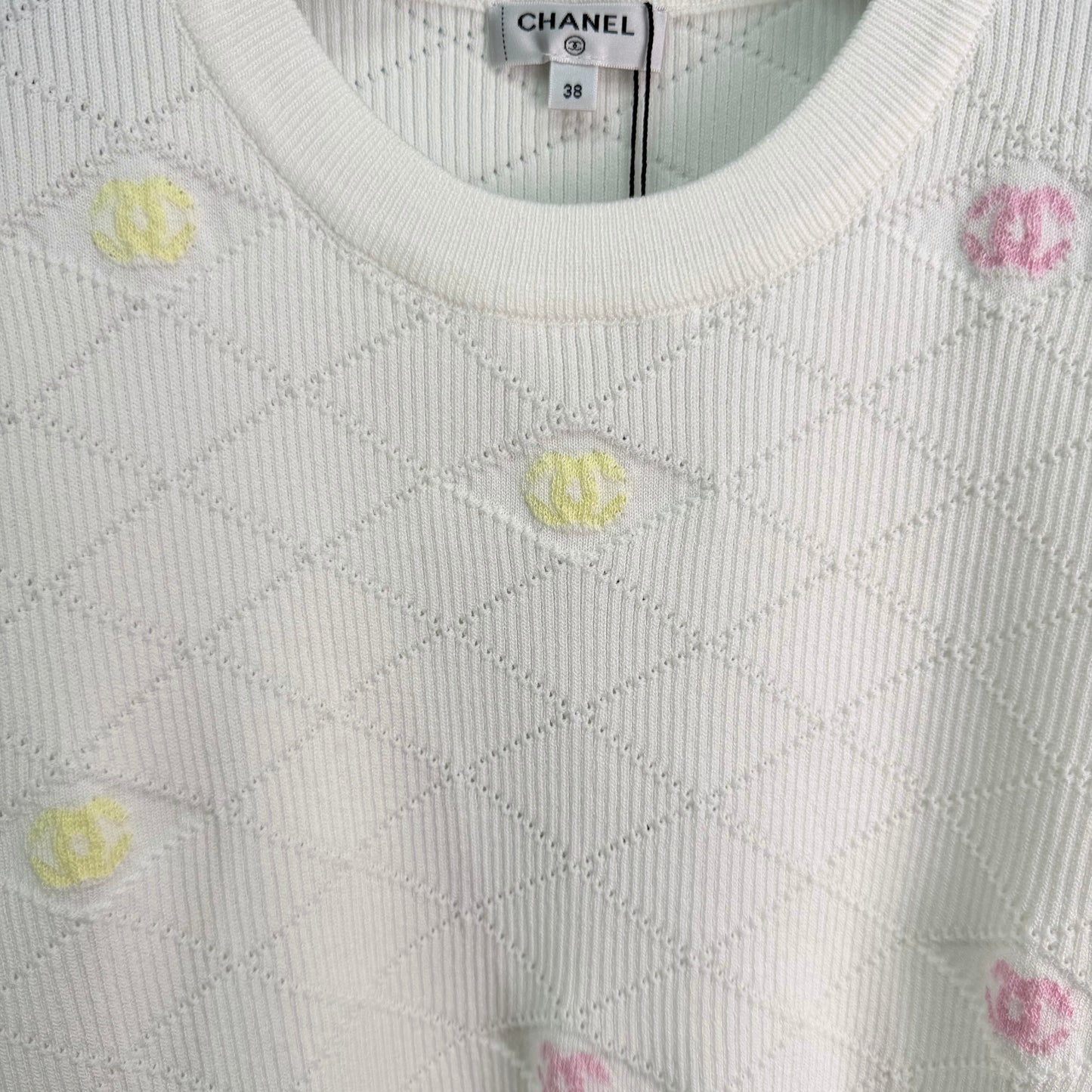 26SS NEW Diamond texture + colorful double C embellished knitted short sleeves