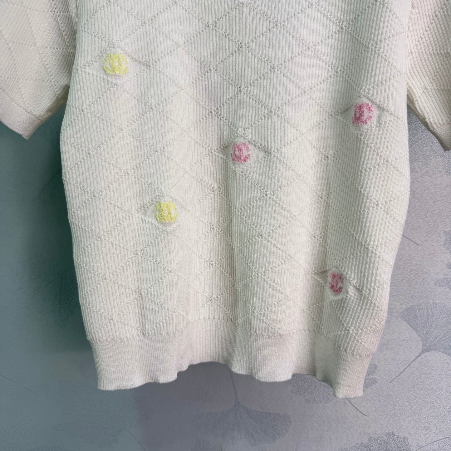 26SS NEW Diamond texture + colorful double C embellished knitted short sleeves