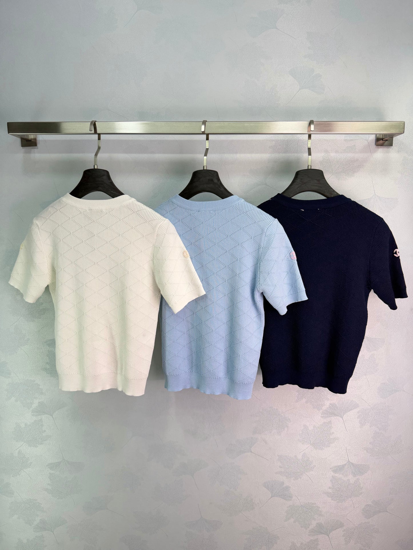 26SS NEW Diamond texture + colorful double C embellished knitted short sleeves