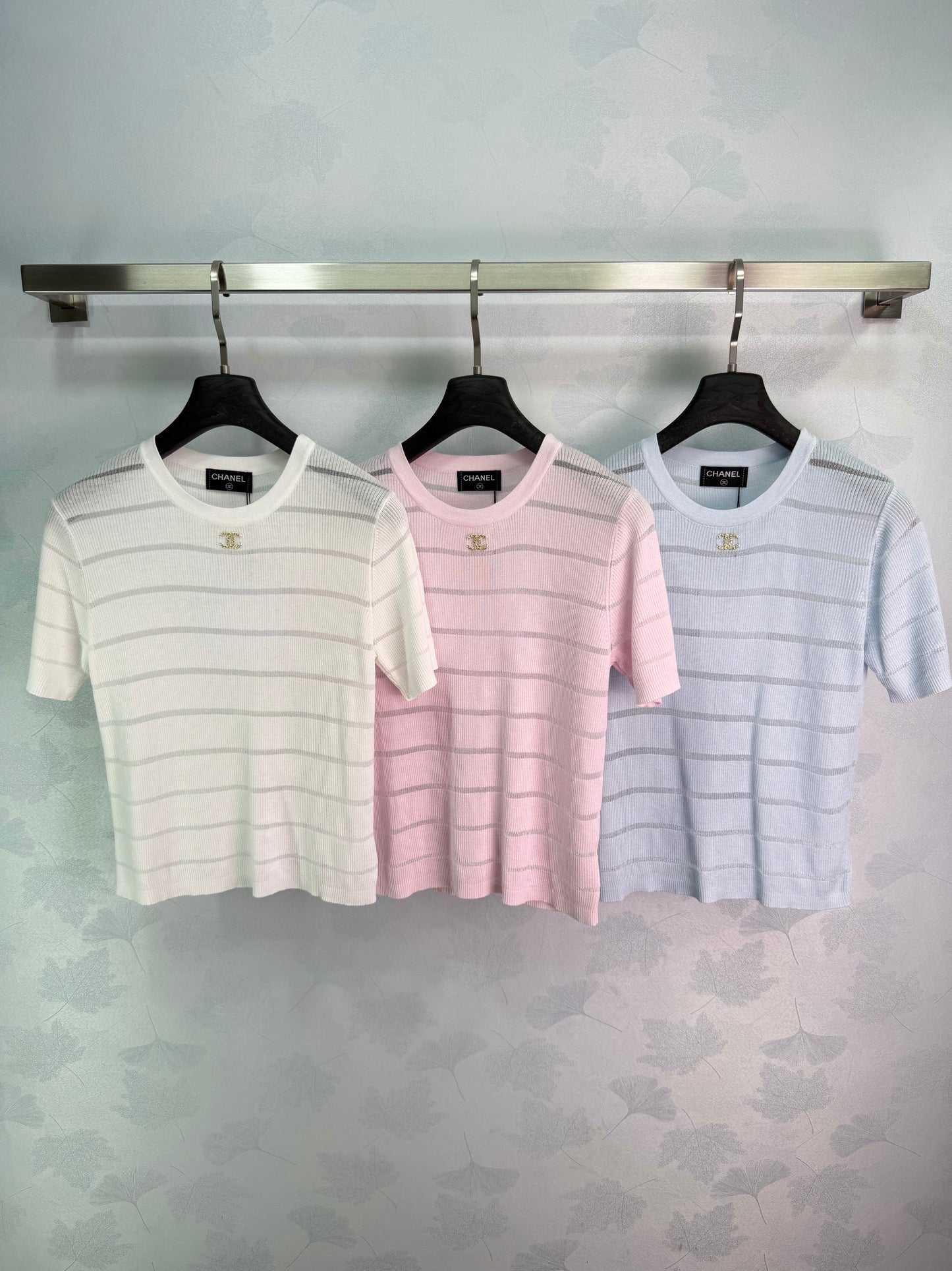 26SS NEW Round neck + metal double C logo striped knitted short sleeves