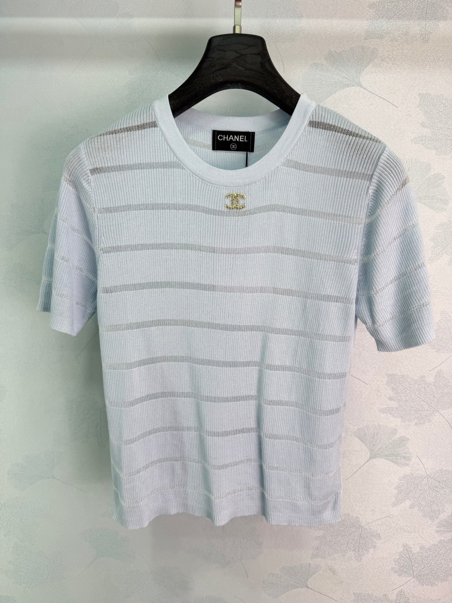 26SS NEW Round neck + metal double C logo striped knitted short sleeves
