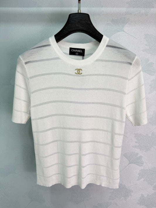 26SS NEW Round neck + metal double C logo striped knitted short sleeves