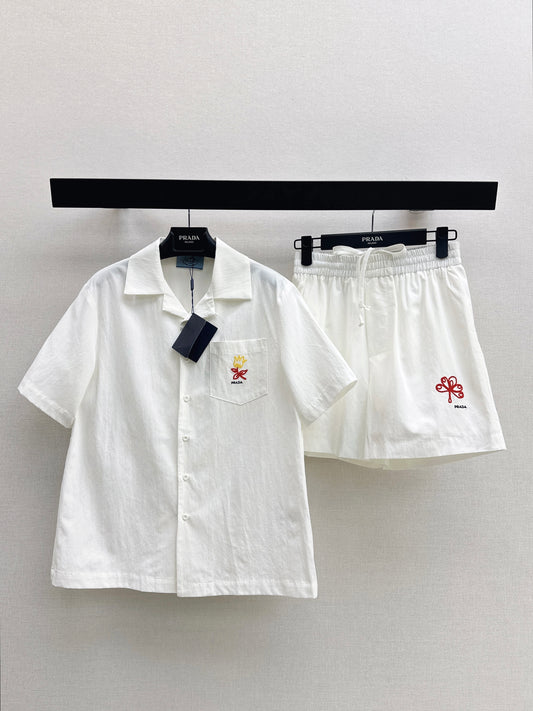 26SS NEW Embroidered short-sleeved shirt + shorts refreshing matching set