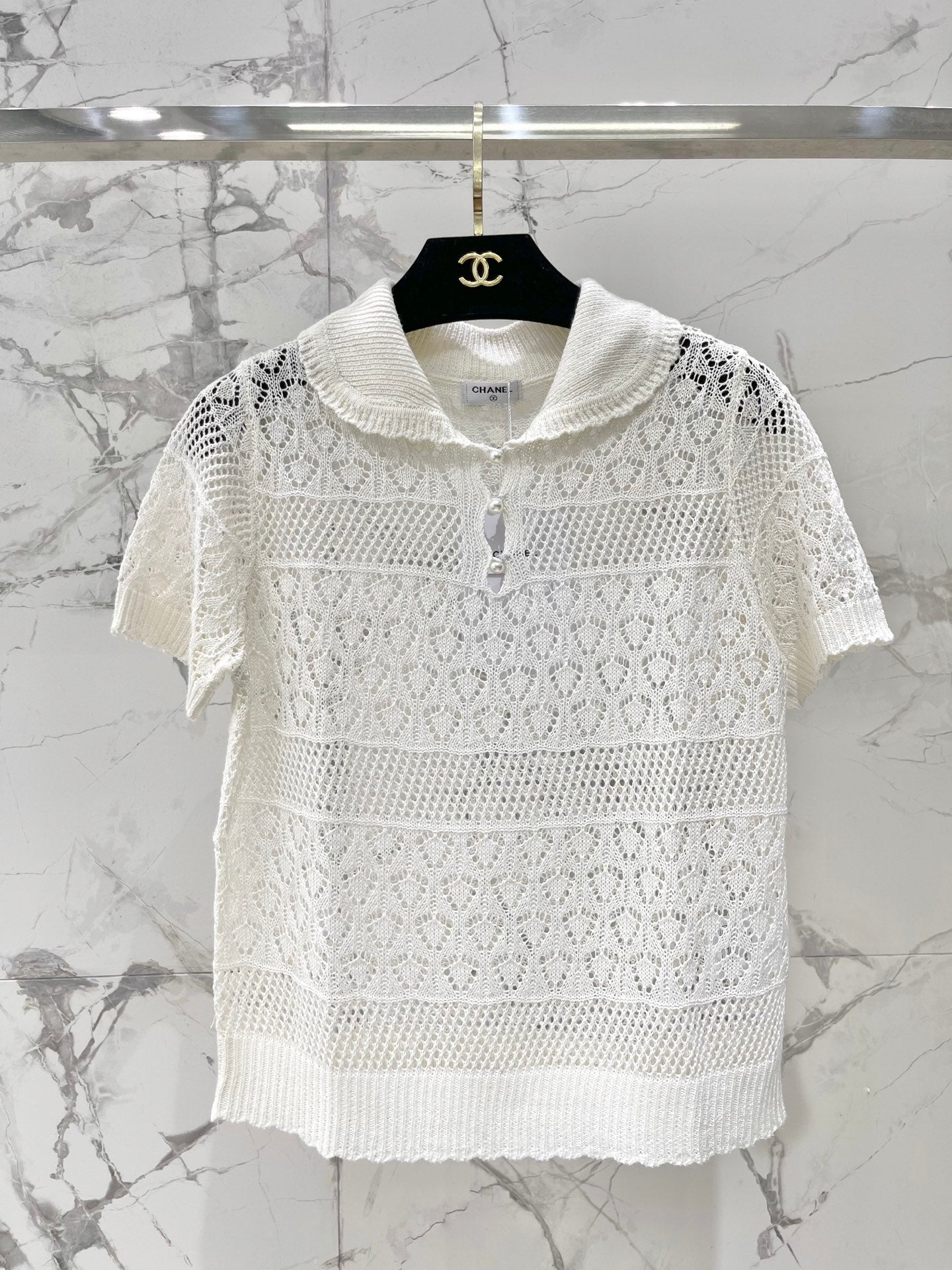 26SS NEUER französischer Revers-Hohlstrickpullover mit kurzen Ärmeln