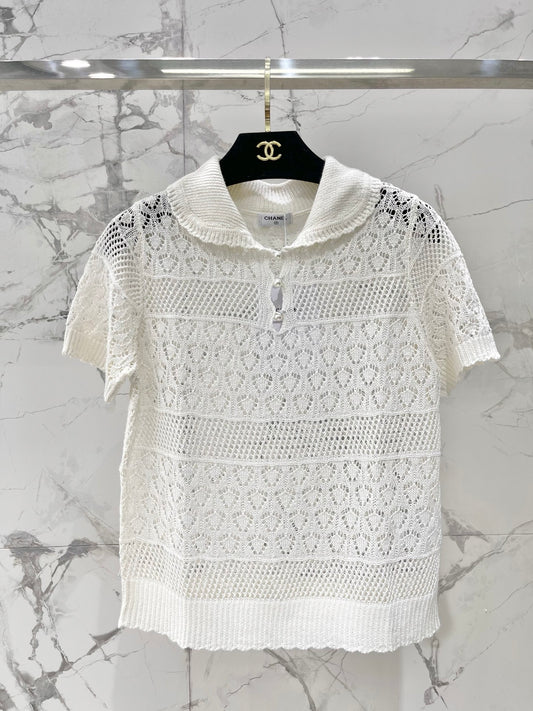 26SS NEW French lapel hollow short-sleeved sweater