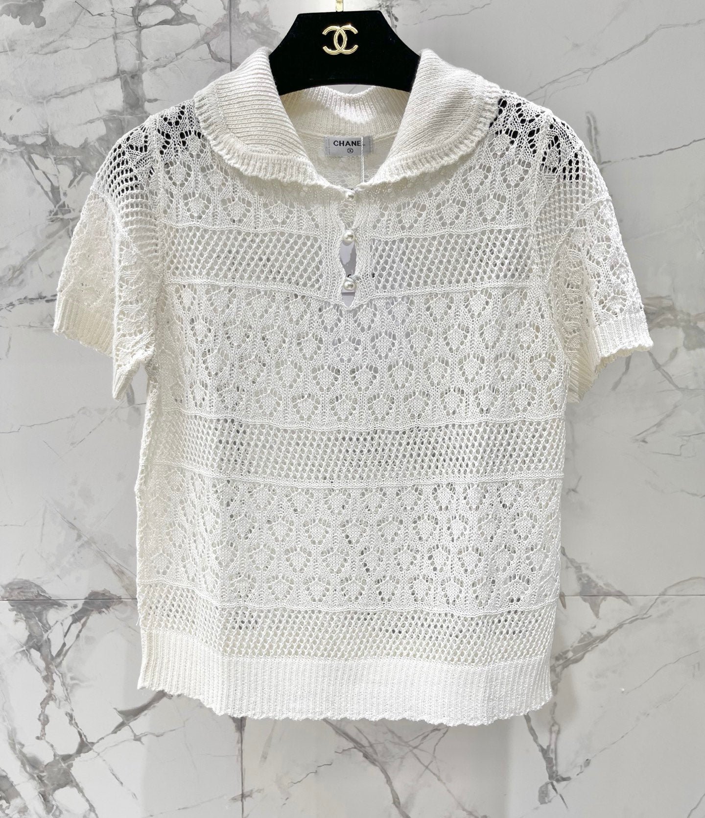 26SS NEUER französischer Revers-Hohlstrickpullover mit kurzen Ärmeln