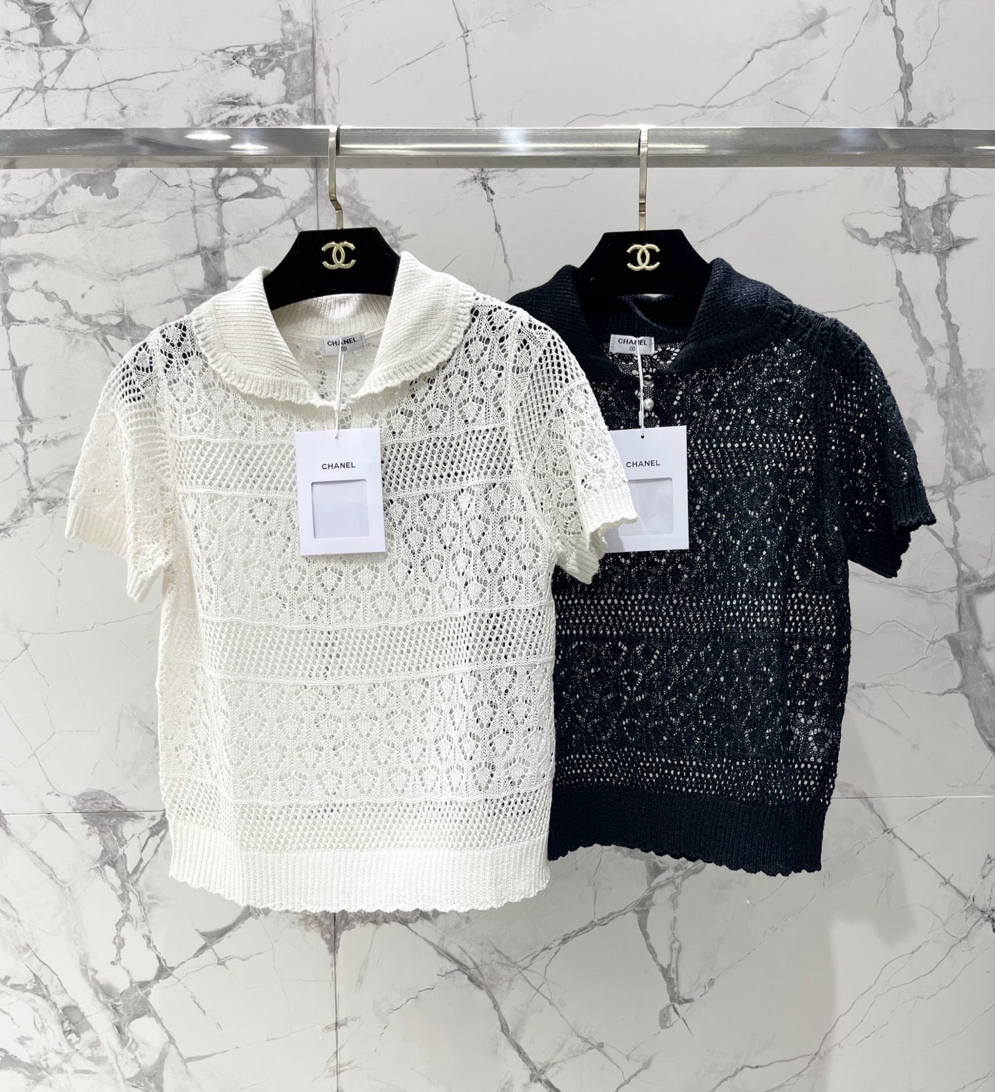 26SS NEUER französischer Revers-Hohlstrickpullover mit kurzen Ärmeln