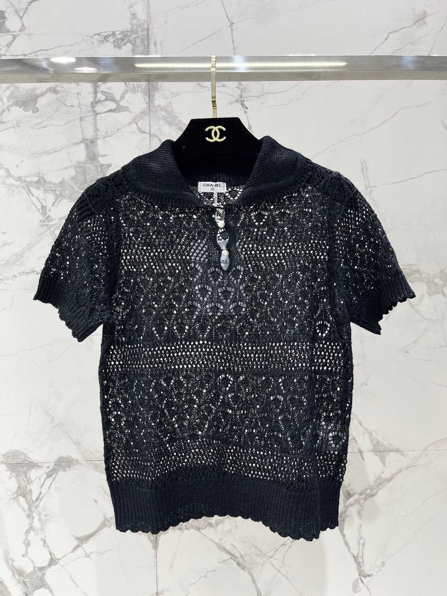 26SS NEUER französischer Revers-Hohlstrickpullover mit kurzen Ärmeln