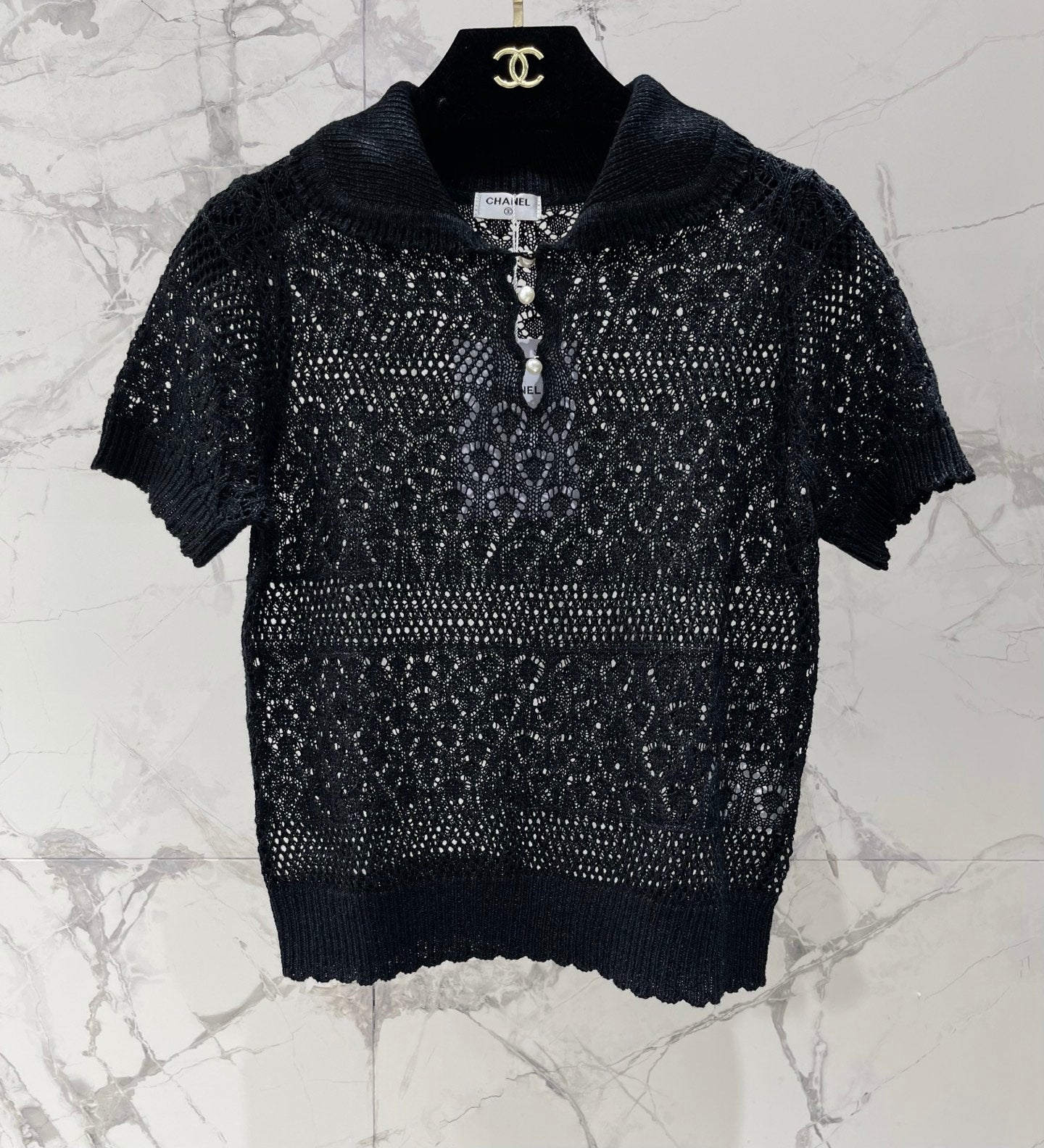 26SS NEUER französischer Revers-Hohlstrickpullover mit kurzen Ärmeln