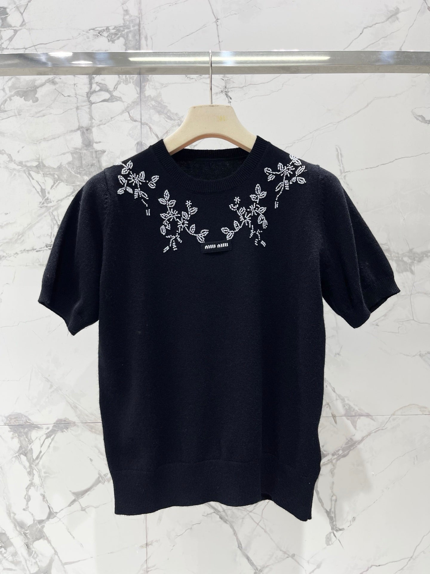26SS NEW Lady style beaded embroidery knitted T-shirt