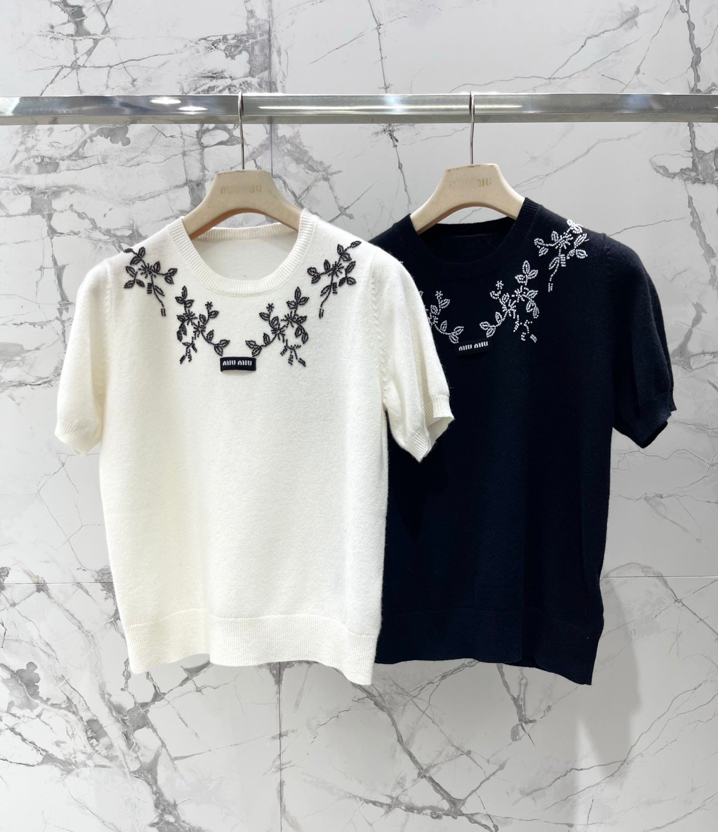 26SS NEW Lady style beaded embroidery knitted T-shirt