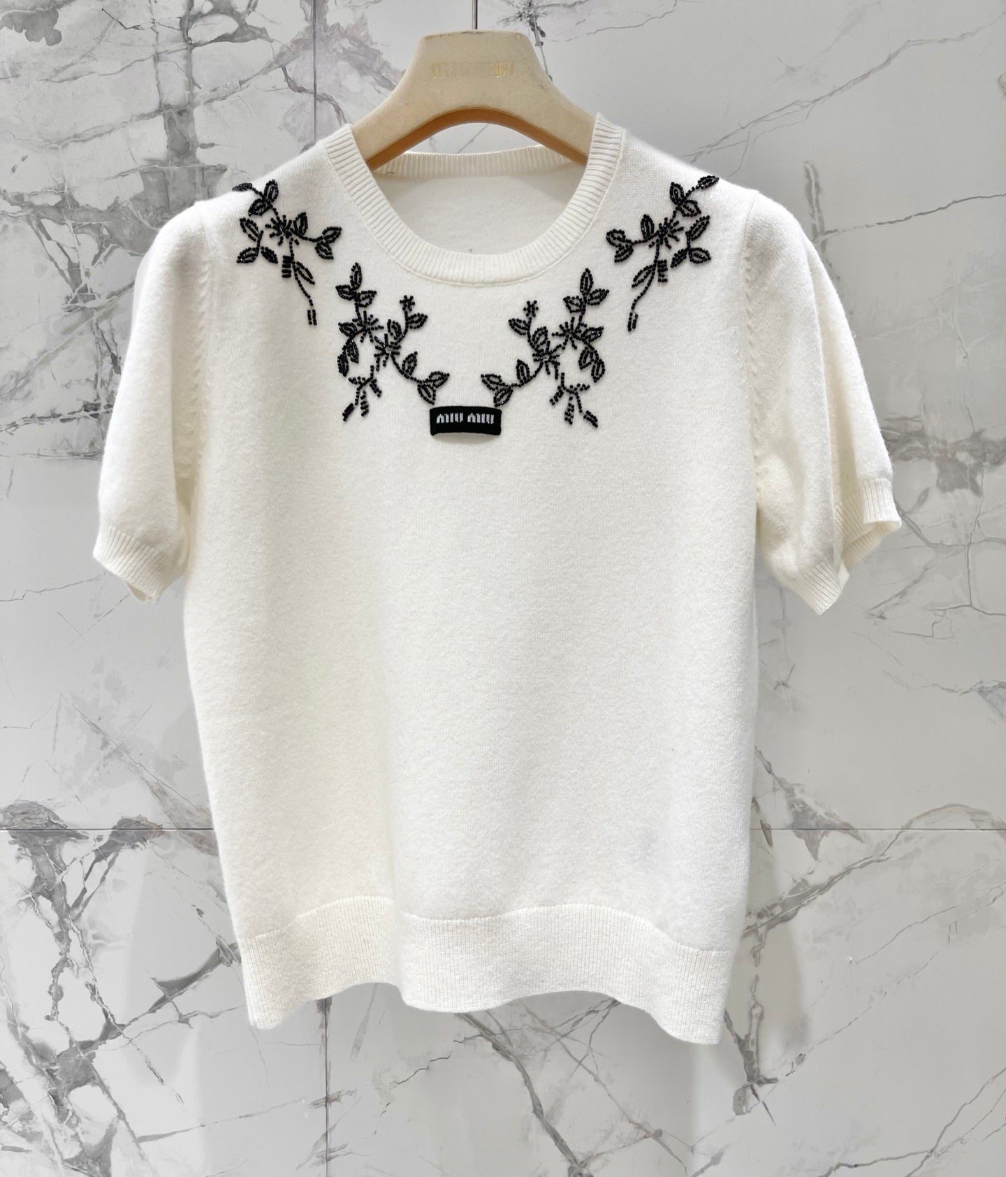 26SS NEW Lady style beaded embroidery knitted T-shirt