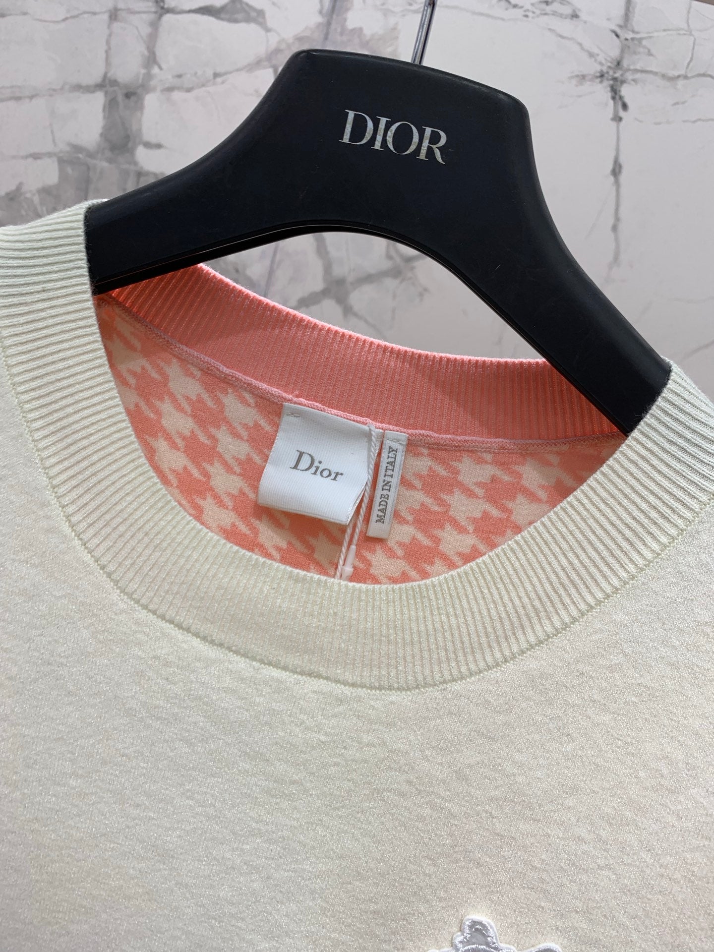 26SS NEUES Klassisches Hahnentritt-Jacquard-Colorblocking-Maschenkurzarm mit Schleife und Schriftzug