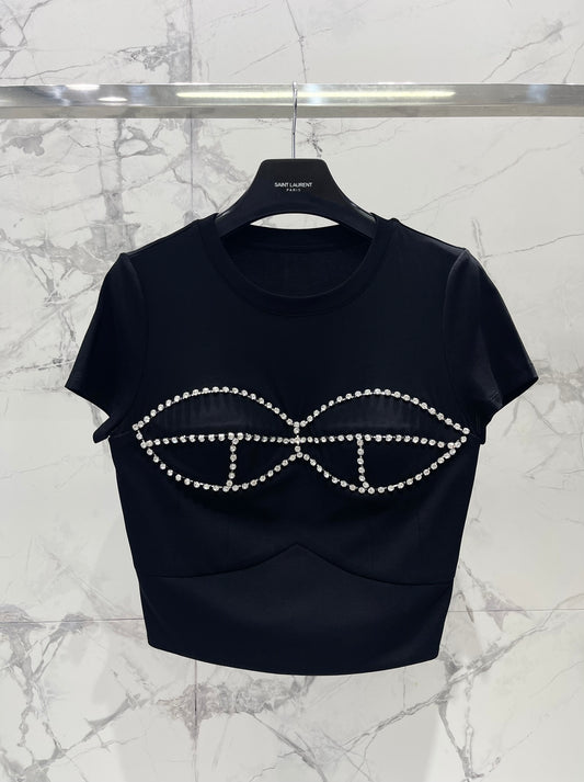 26SS NEUES Kristall-Diamant Kurzarm-T-Shirt