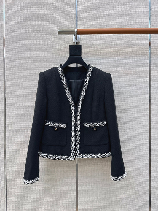 26SS NEW Heavy handmade pearl trim V-neck woven jacket