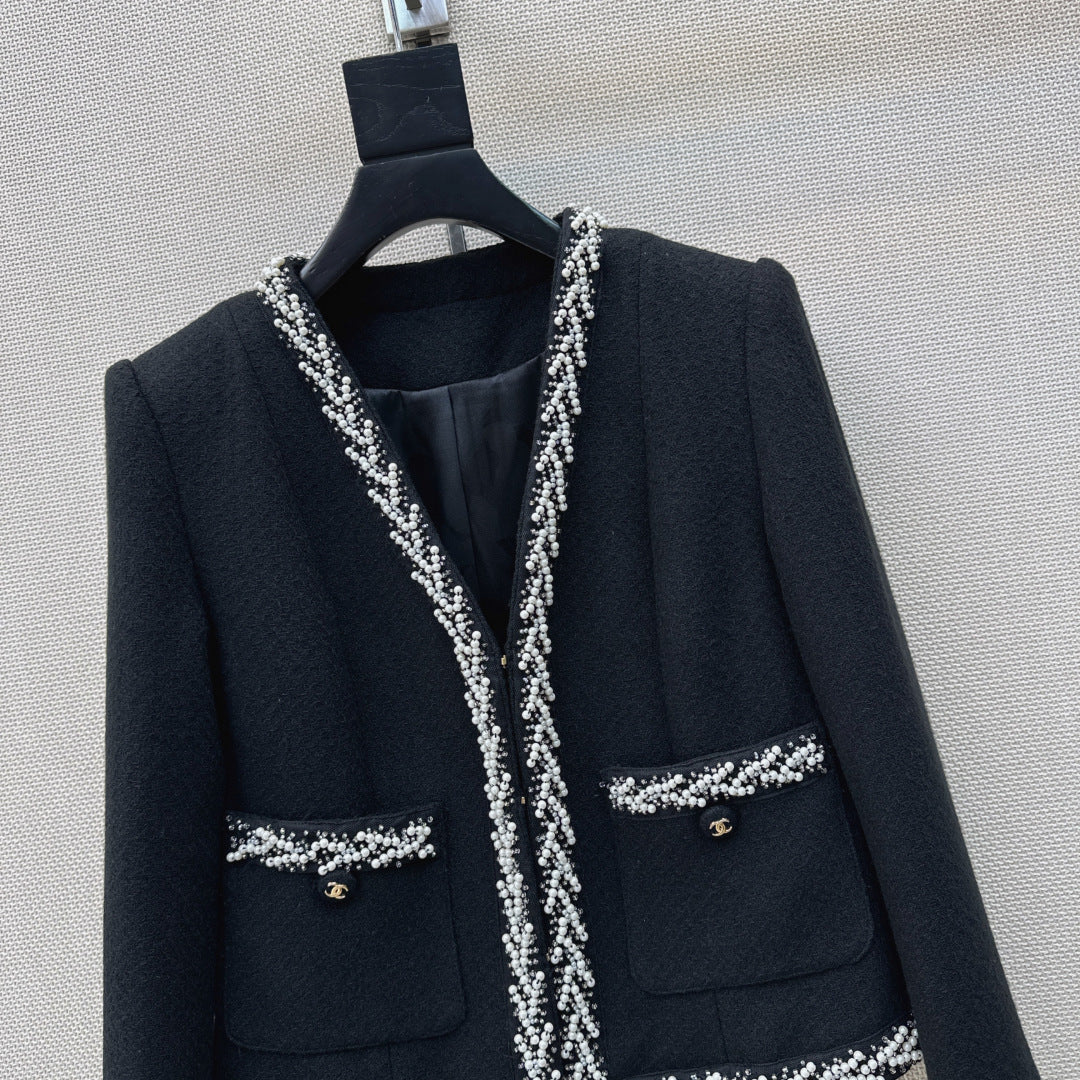 26SS NEW Heavy handmade pearl trim V-neck woven jacket
