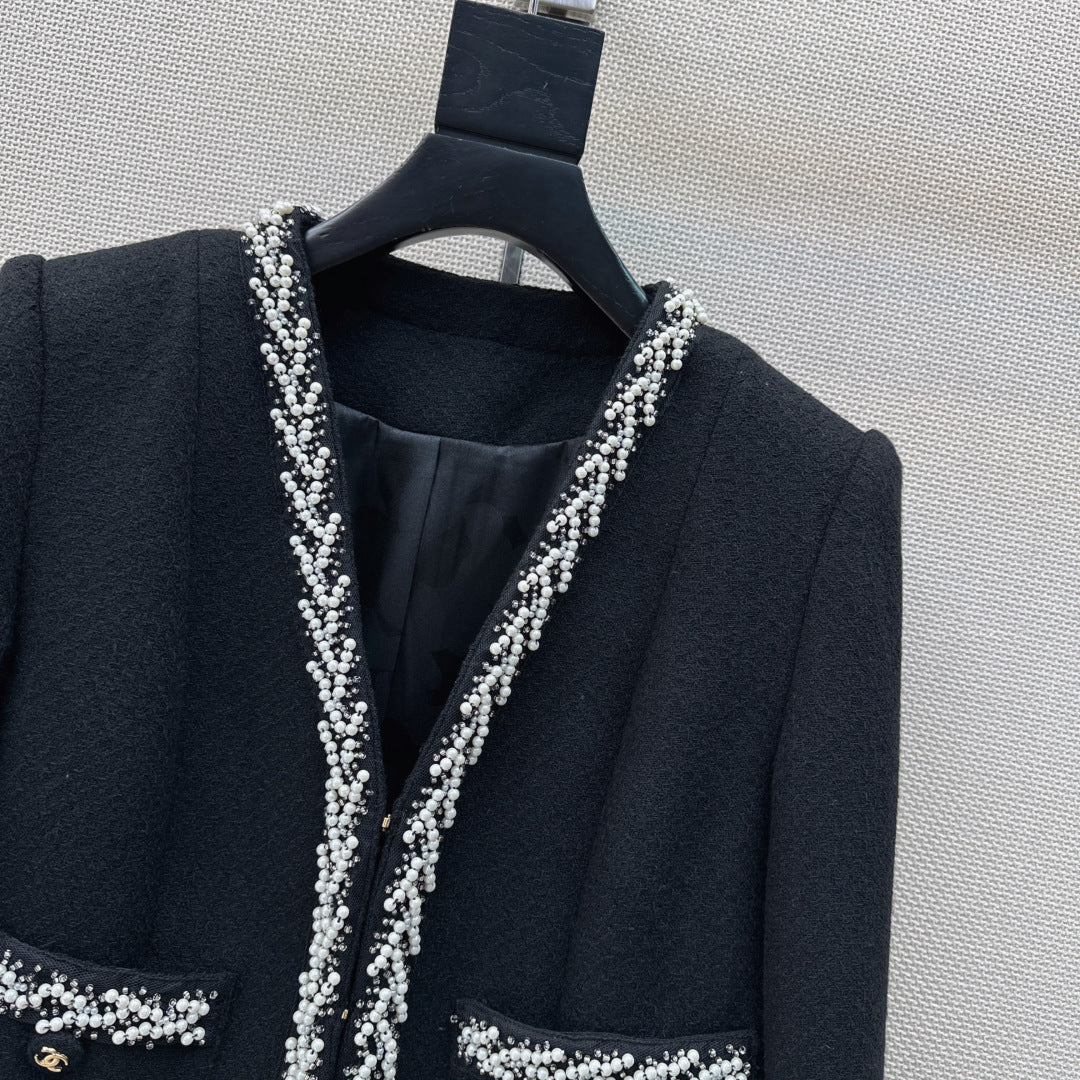 26SS NEW Heavy handmade pearl trim V-neck woven jacket