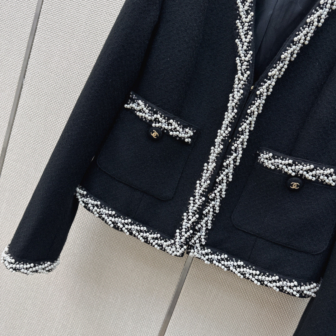 26SS NEW Heavy handmade pearl trim V-neck woven jacket
