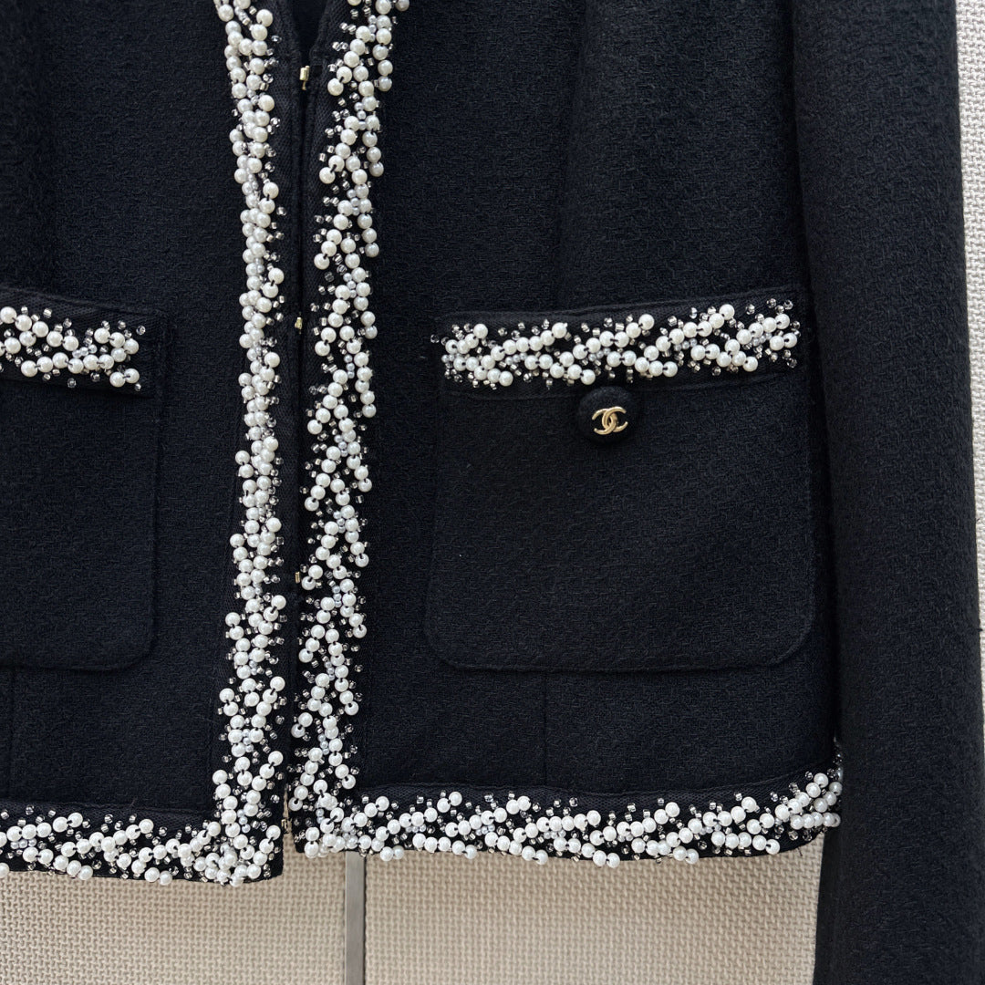 26SS NEW Heavy handmade pearl trim V-neck woven jacket