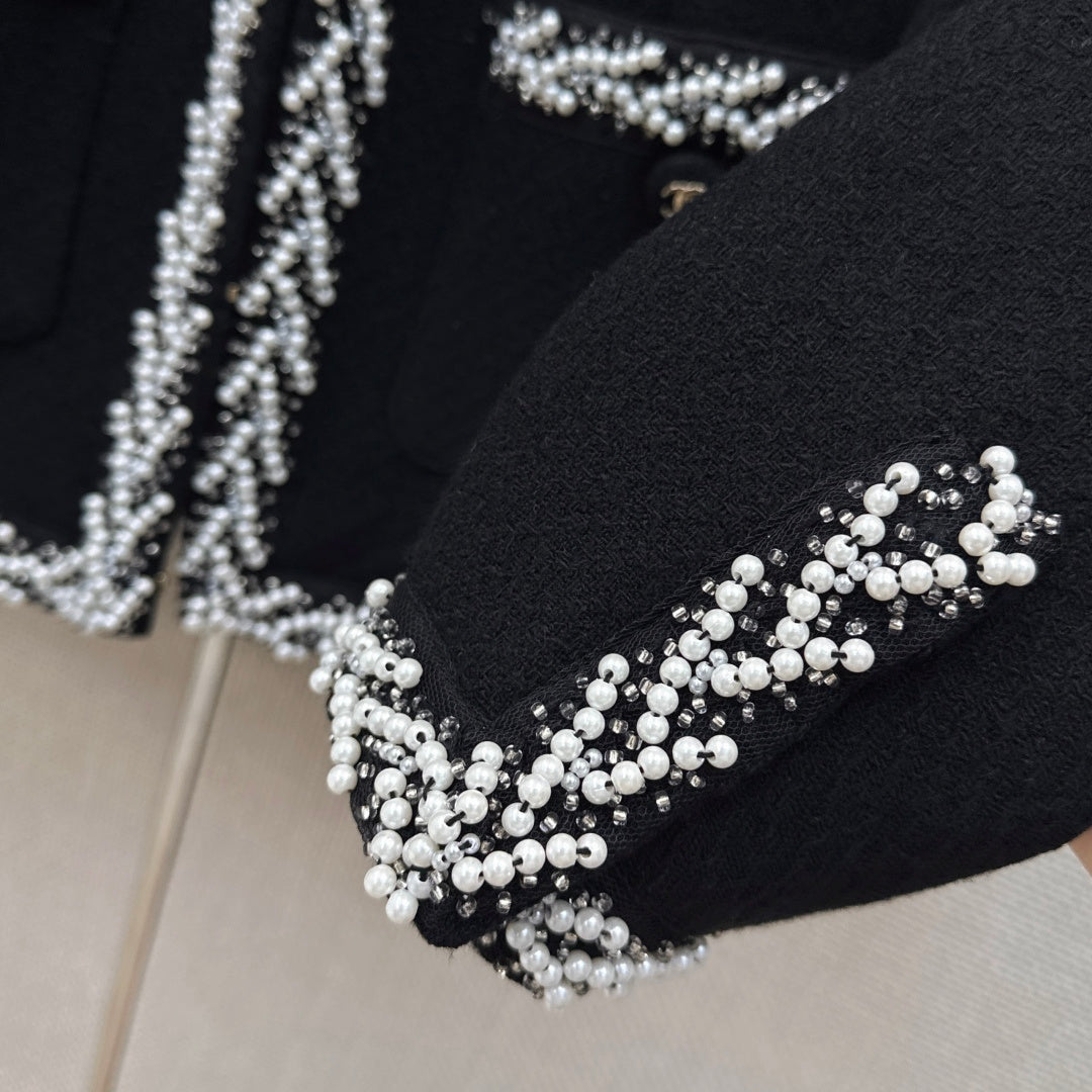26SS NEW Heavy handmade pearl trim V-neck woven jacket