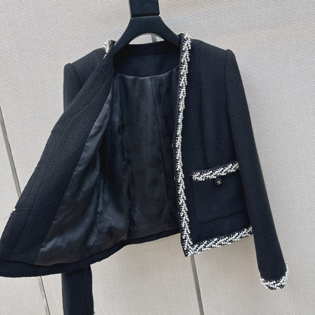 26SS NEW Heavy handmade pearl trim V-neck woven jacket