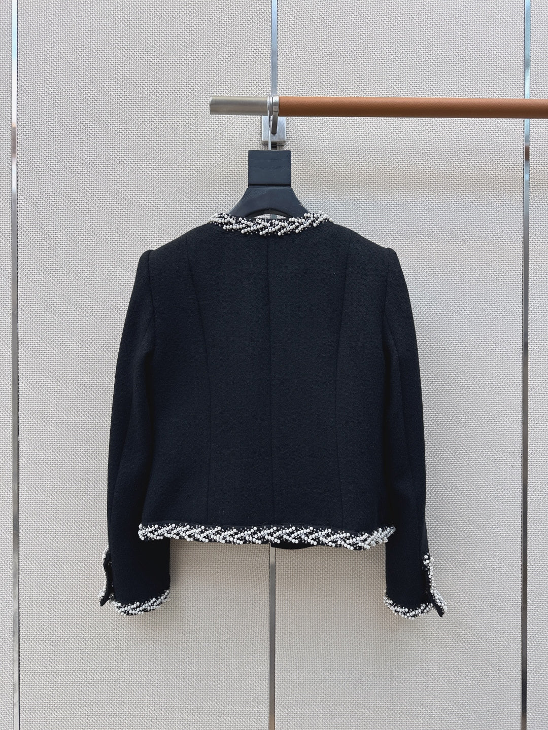 26SS NEW Heavy handmade pearl trim V-neck woven jacket
