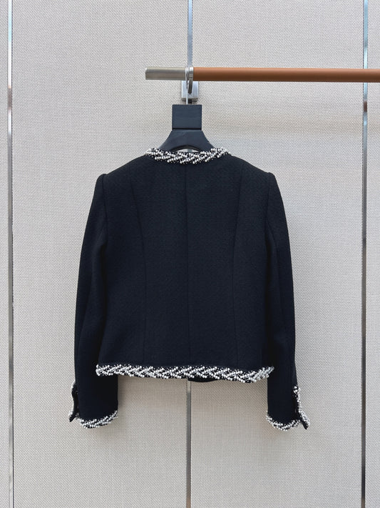 26SS NEW Heavy handmade pearl trim V-neck woven jacket