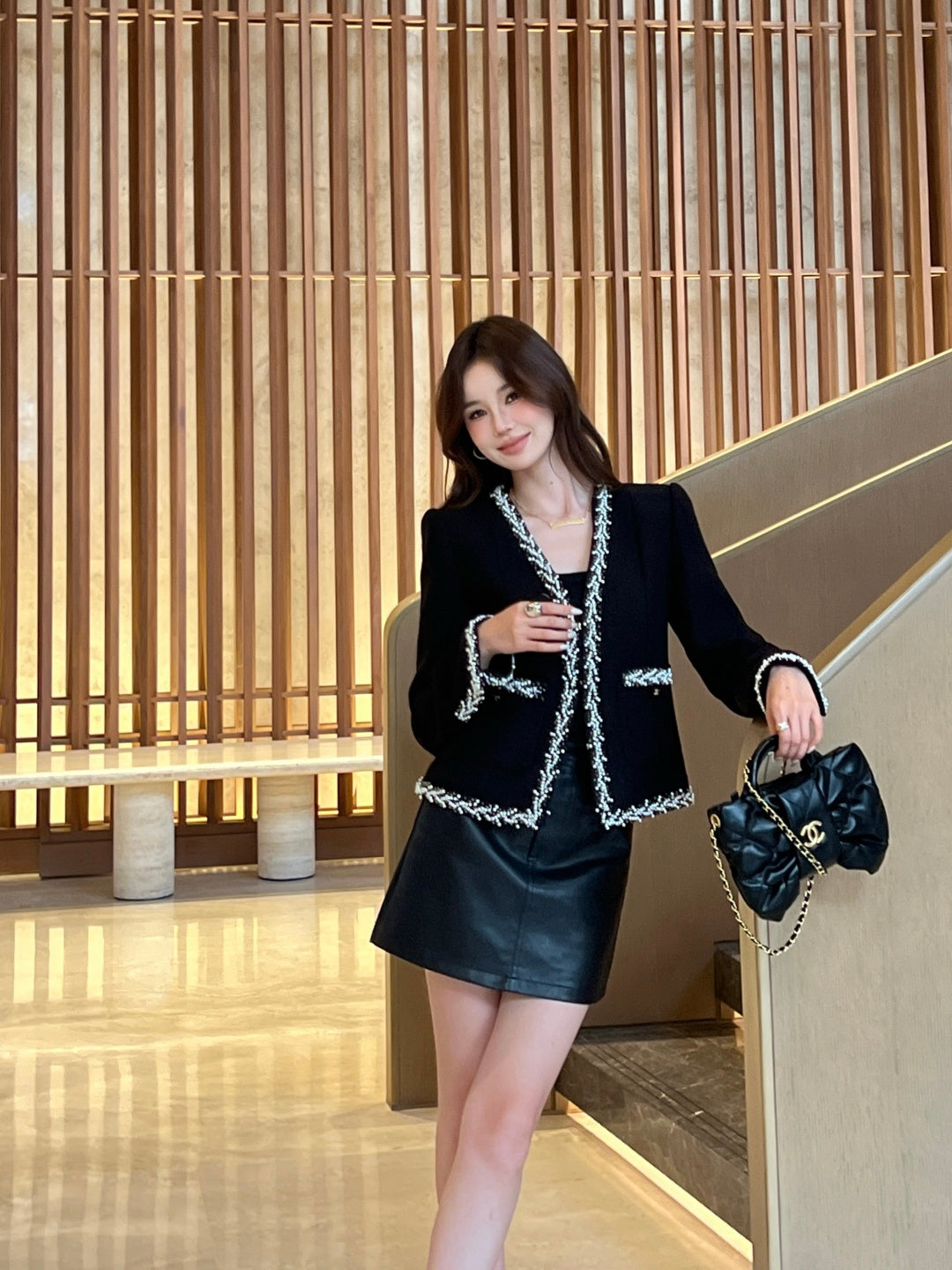 26SS NEW Heavy handmade pearl trim V-neck woven jacket