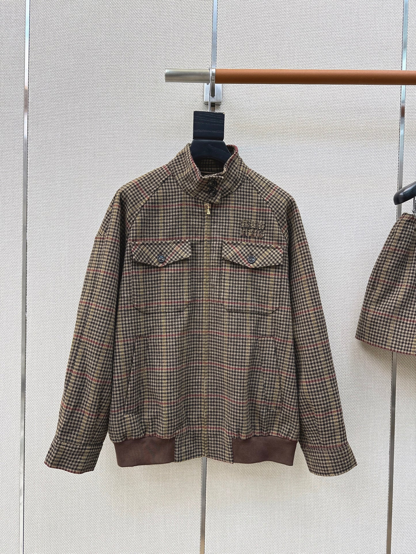 26SS NEW Houndstooth pattern stand collar silhouette jacket