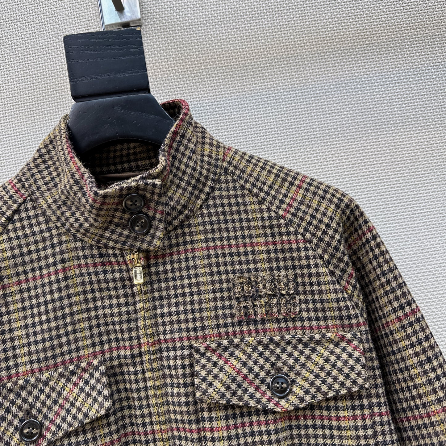 26SS NEW Houndstooth pattern stand collar silhouette jacket