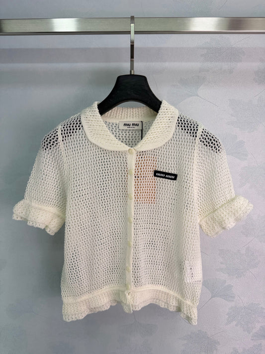 26SS NEUES weißes hohles Kurzarm-Strickoberteil