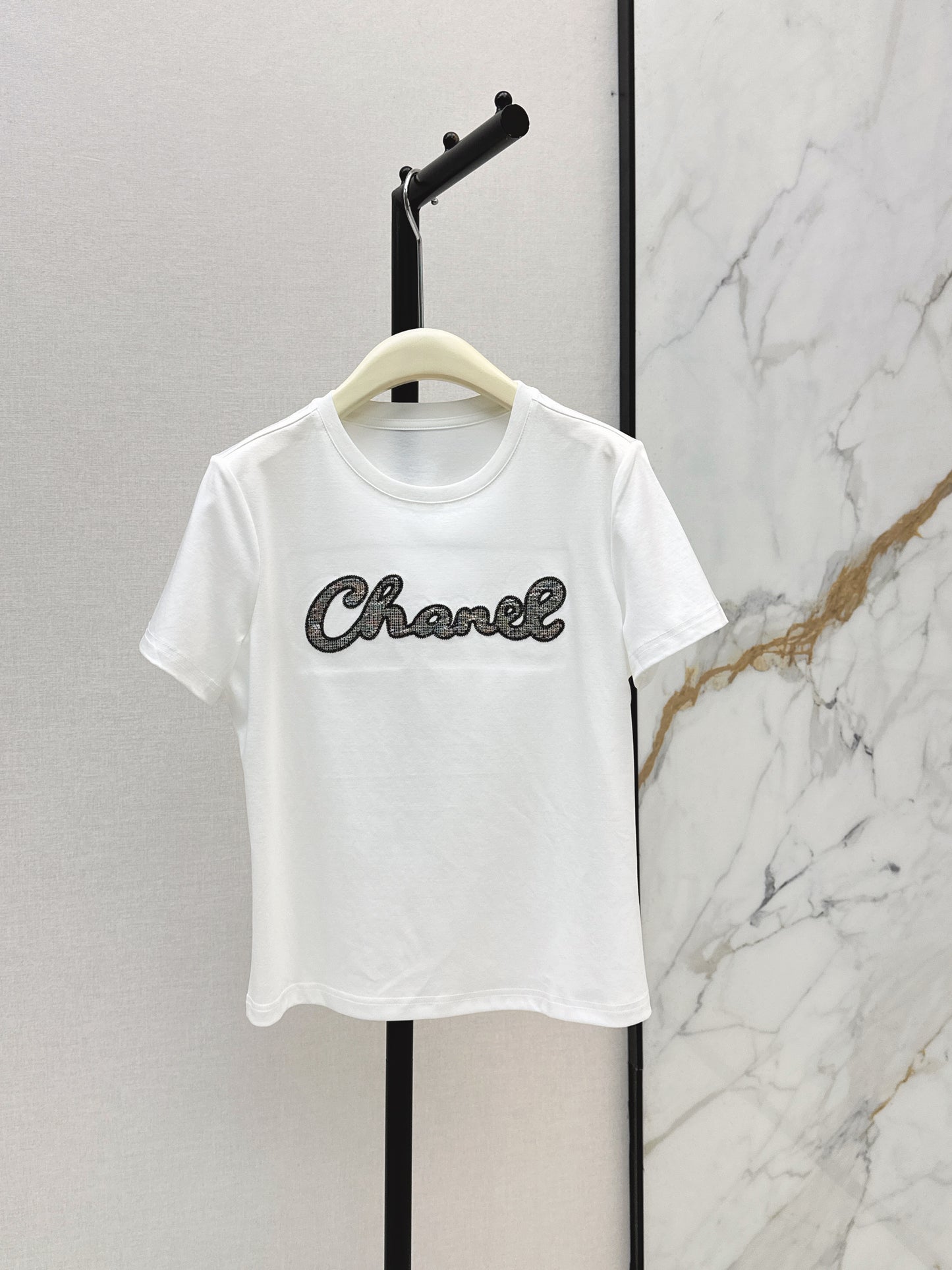 26SS NEW Xiaoxiangfeng Heavy Industry patchwork embroidered letters short-sleeved T-shirt