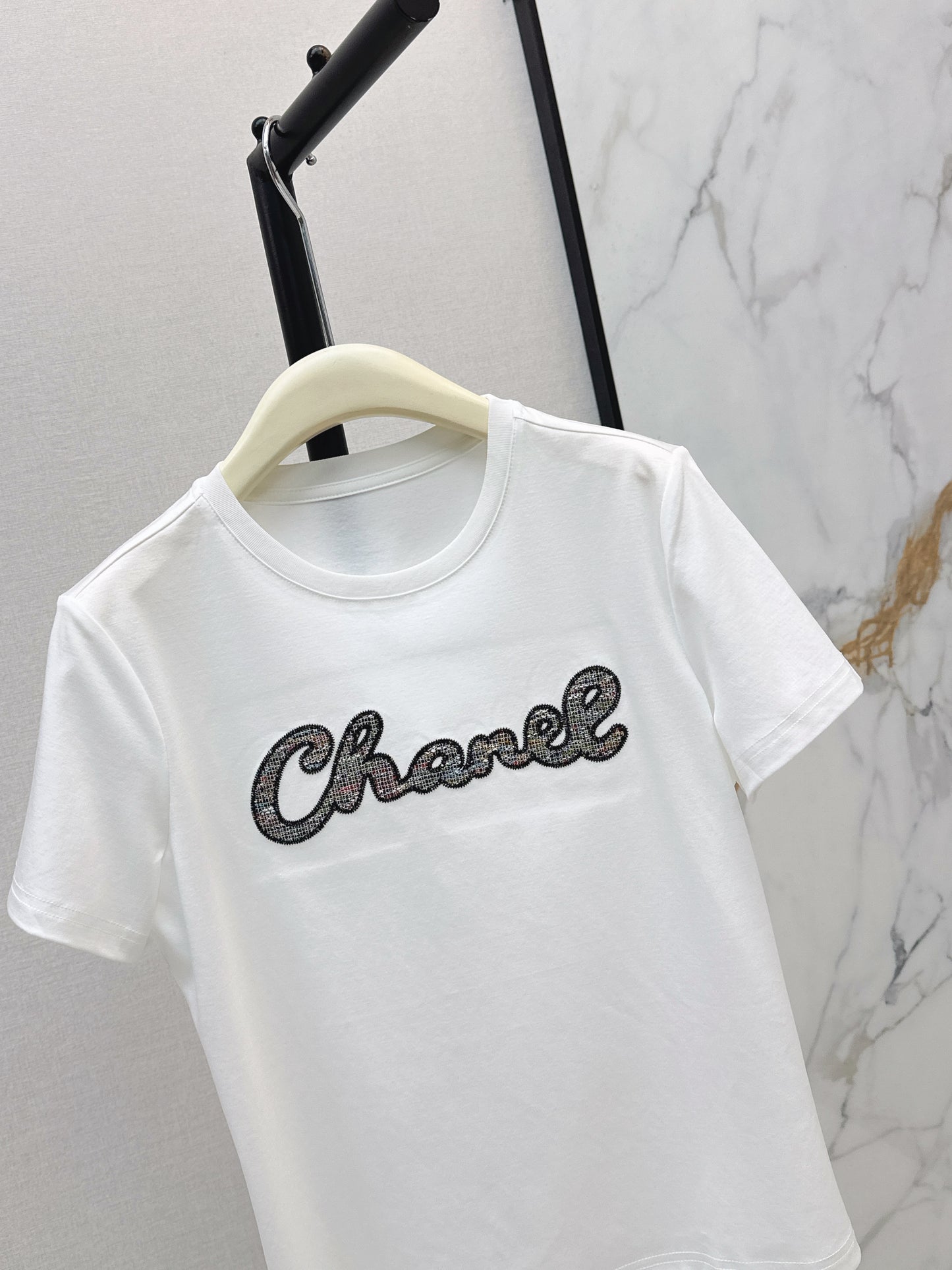 26SS NEW Xiaoxiangfeng Heavy Industry patchwork embroidered letters short-sleeved T-shirt