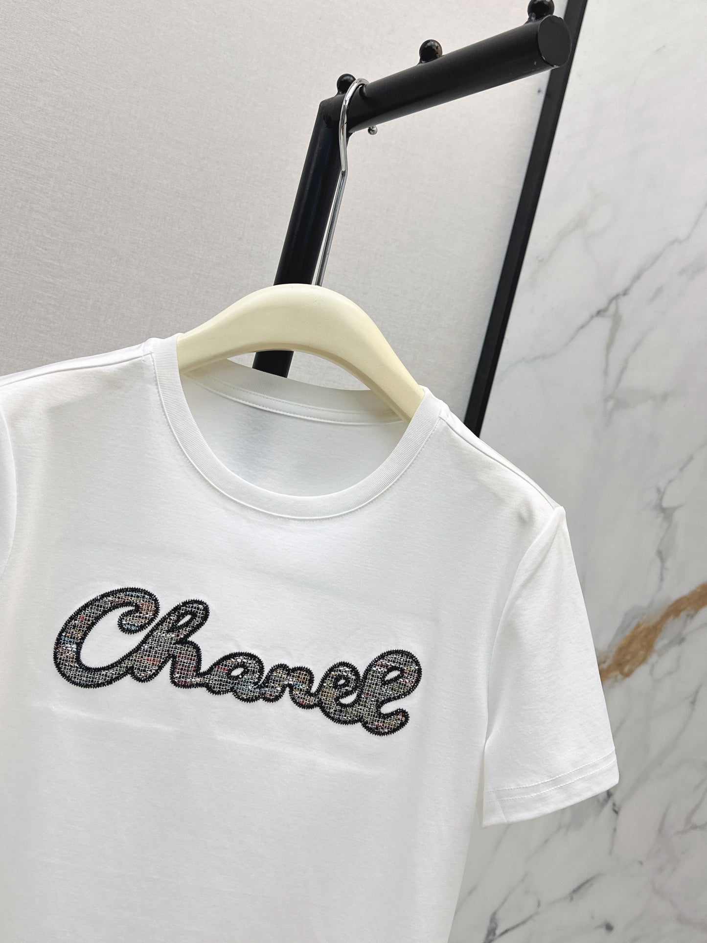 26SS NEW Xiaoxiangfeng Heavy Industry patchwork embroidered letters short-sleeved T-shirt