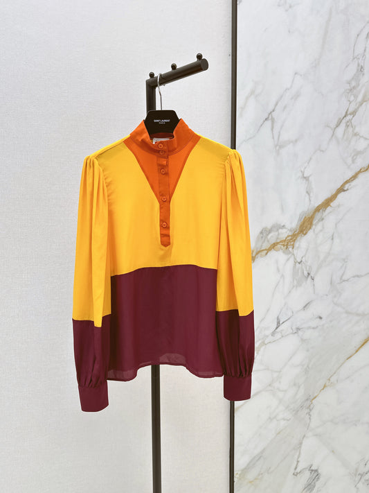🔥Highest Quality🔥26SS NEW catwalk style 🖤Heavy silk crepe de chine patchwork small stand collar shirt