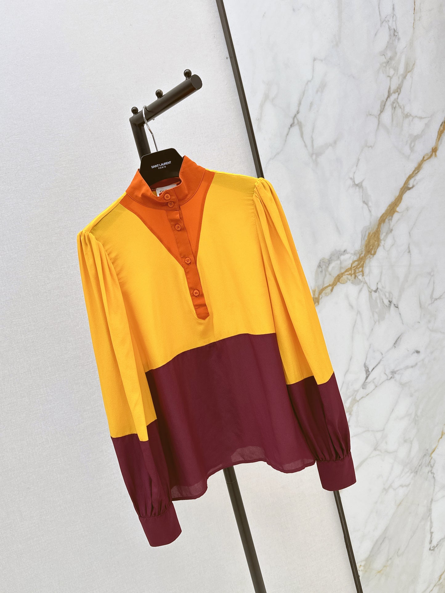 🔥Highest Quality🔥26SS NEW catwalk style 🖤Heavy silk crepe de chine patchwork small stand collar shirt
